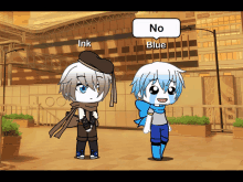 ink and blue are standing next to each other with a speech bubble saying no blue