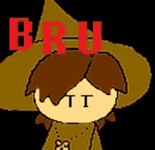 a pixel art drawing of a witch with the word bru written in red