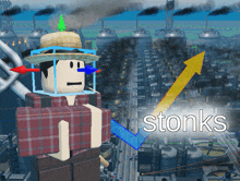 a man in a plaid shirt is standing in front of a factory with the word stonks on the bottom right