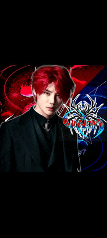 a man with red hair is standing in front of a spider and a dragon