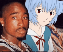 a man with a beard and a girl with blue hair