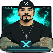 a man with a beard wearing a black hat with a x on it