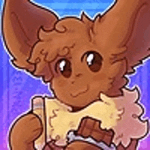 a cartoon drawing of a brown furry animal holding a piece of chocolate .