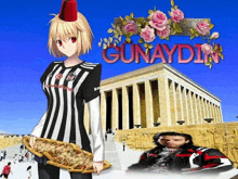 a girl in a black and white striped shirt holds a pizza in front of a building that says günaydin