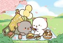 two cartoon cats are having a picnic and one is holding a candy bar that says twix