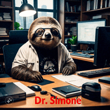 a sloth wearing glasses sits at a desk with the name dr. simone written in red