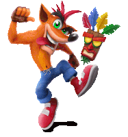 a cartoon character named crash bandicoot holding a mask