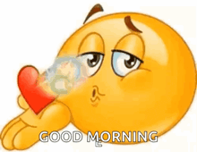 a cartoon smiley face is holding a red heart in his hand .