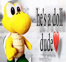 a stuffed turtle with the words he 's a doll dude written on it