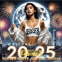 a poster with a woman in a white top that says welcome 2025