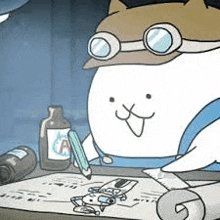 a cartoon cat wearing a hat and goggles is sitting at a table holding a pen .