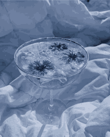 a martini glass filled with water and flowers on a bed