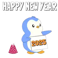 a penguin is holding a sign that says happy new year