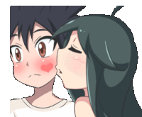 a girl kissing a boy on the cheek with a heart on her face