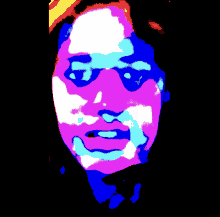 a colorful painting of a woman 's face with blue and pink