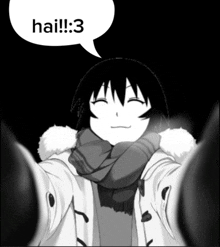 a black and white drawing of a girl with a speech bubble that says hai