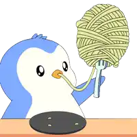 a penguin eating noodles with a fork