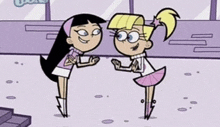 two cartoon girls are standing next to each other in a room .