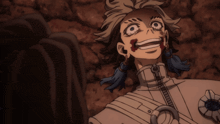 a cartoon character with blood on his face is smiling and looking at another character