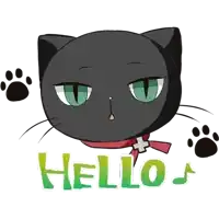 a black cat with green eyes says hello with paw prints