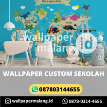 a poster for wallpaper malang shows a map of the world with dinosaurs