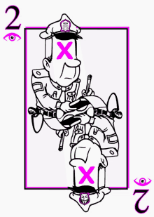 a black and white drawing of a police officer with a pink x on his face