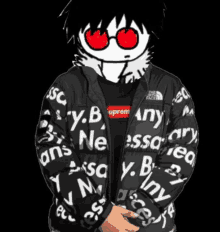 a person wearing a black jacket with supreme written on it