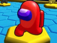 a red among us character is sitting on a yellow block on a blue tile floor .