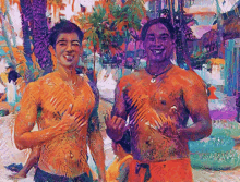 a painting of two men standing next to each other on a beach