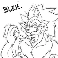 a black and white drawing of a werewolf with the word bleh above it