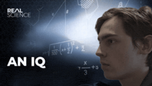a man is standing in front of a math problem and the word an iq is on the bottom right