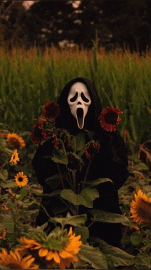 a grim reaper in a field of sunflowers with a screaming face