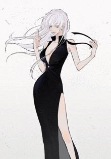 a drawing of a woman with long white hair wearing a black dress