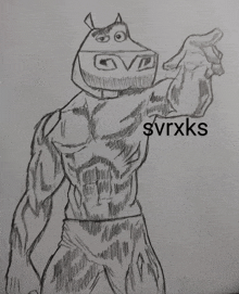 a black and white drawing of a cartoon character with the name svrxks underneath it