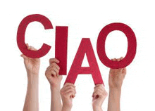 a group of hands holding up the word ciao in red letters .