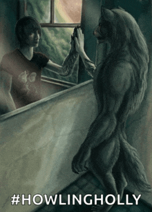 a painting of a werewolf giving a high five to a man