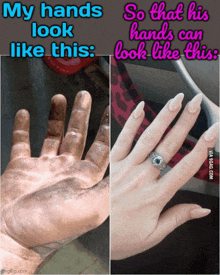 a picture of a dirty hand next to a picture of a woman 's hand with a ring on her finger