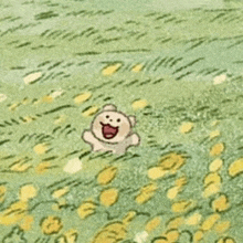 a cartoon drawing of a teddy bear in a field of flowers