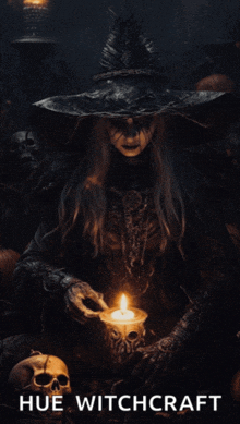 a poster of a witch holding a candle with the words hue witchcraft below her