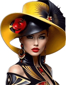 a woman wearing a black and yellow hat with a red flower on it