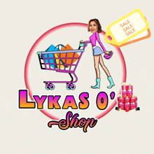 a logo for lykas shop with a woman pushing a shopping cart full of shopping bags