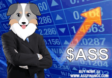 a cartoon dog in a suit stands in front of a stock chart with an arrow pointing up and the words $ sass below him