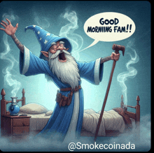 a cartoon of a wizard with a cane says good morning fam