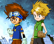 a boy wearing goggles stands next to a boy wearing a green shirt