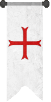 a white banner with a red cross on it is hanging on a pole