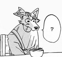 a black and white drawing of a wolf sitting at a table with a bowl of noodles .