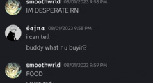 a screenshot of a conversation between smoothwrld and sajna