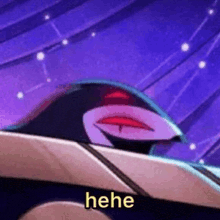 a close up of a cartoon character with a purple background and the words `` heh '' written on it .