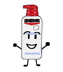 a cartoon drawing of a lotion bottle with a face and arms