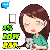 a cartoon of a woman holding a cell phone with the words " 5 % low bat " below her